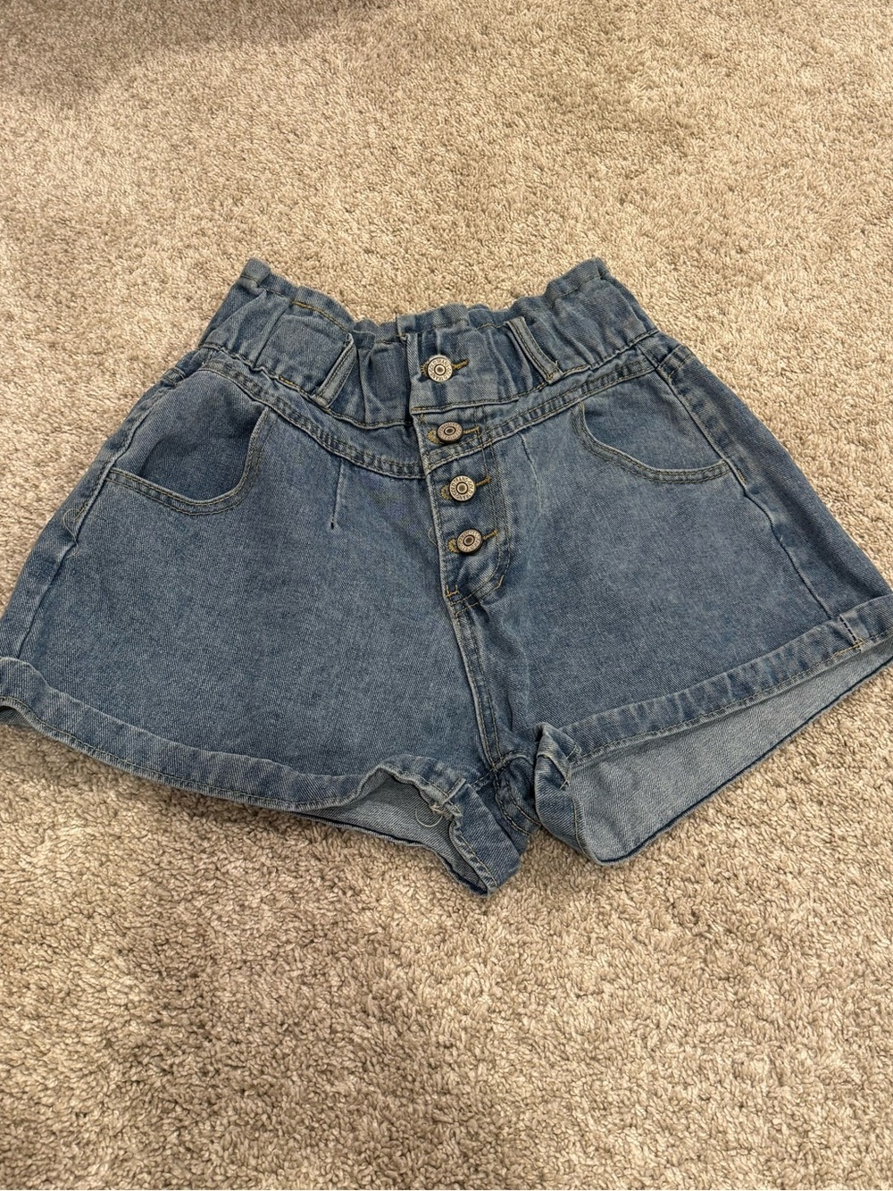 High-Waist Button-Front Denim Shorts - Blue. Size Large